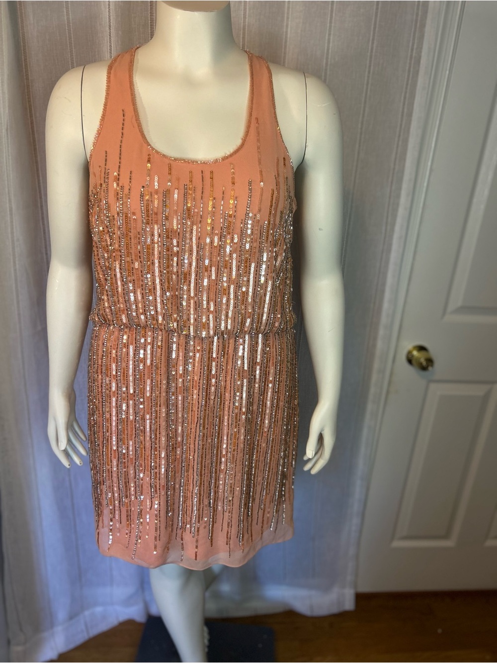 Adrianna Papell Peach Sequin Fringe Mini Dress. Peach. Used